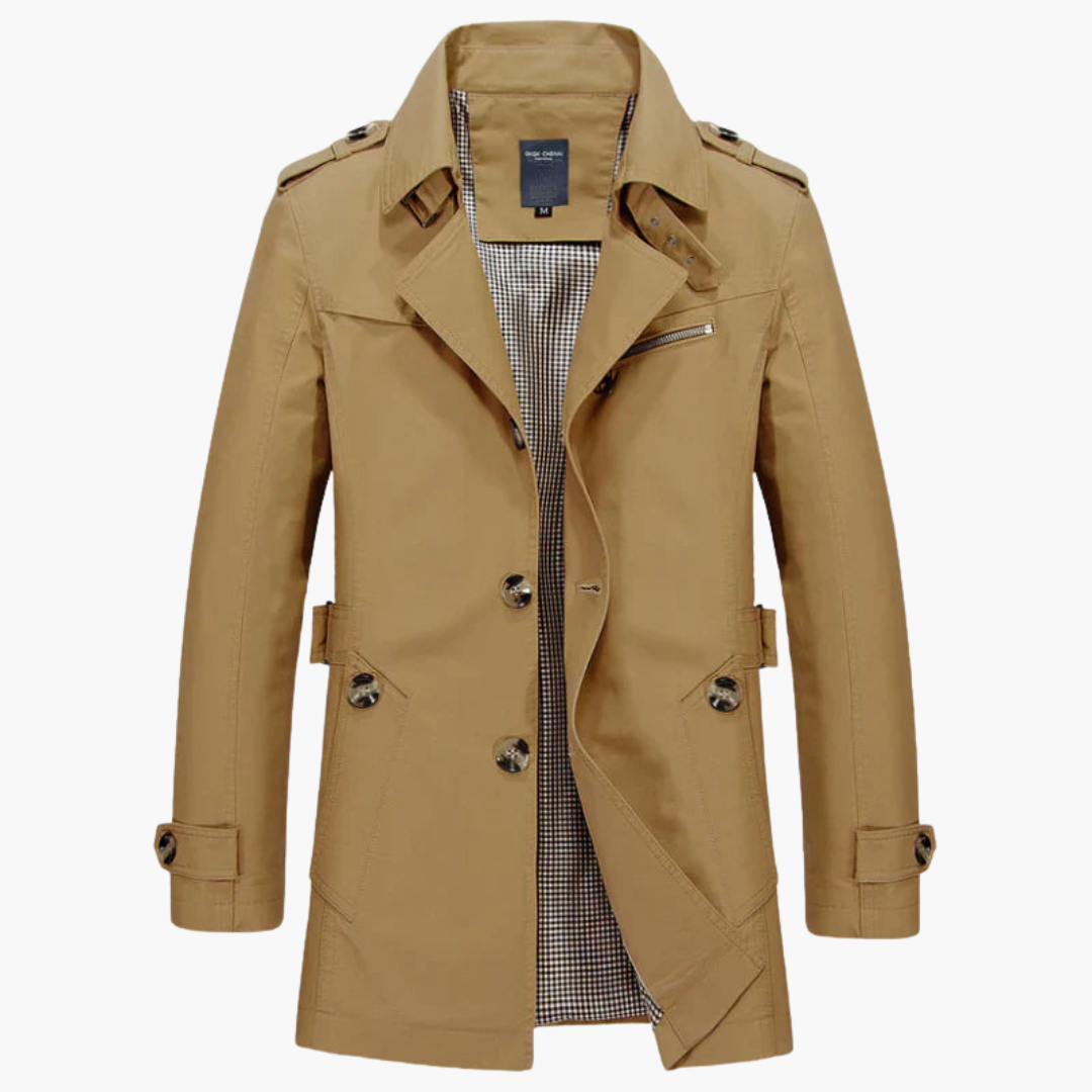 Men's double-breasted trench coat notch lapel collar timeless professional city-smart silhouette