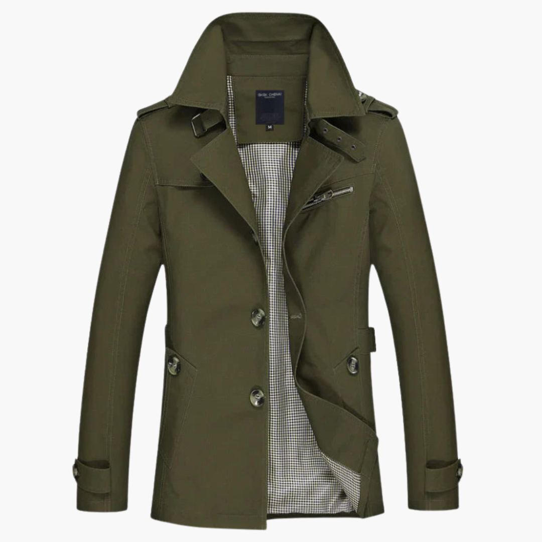 Men's double-breasted trench coat notch lapel collar timeless professional tailored silhouette