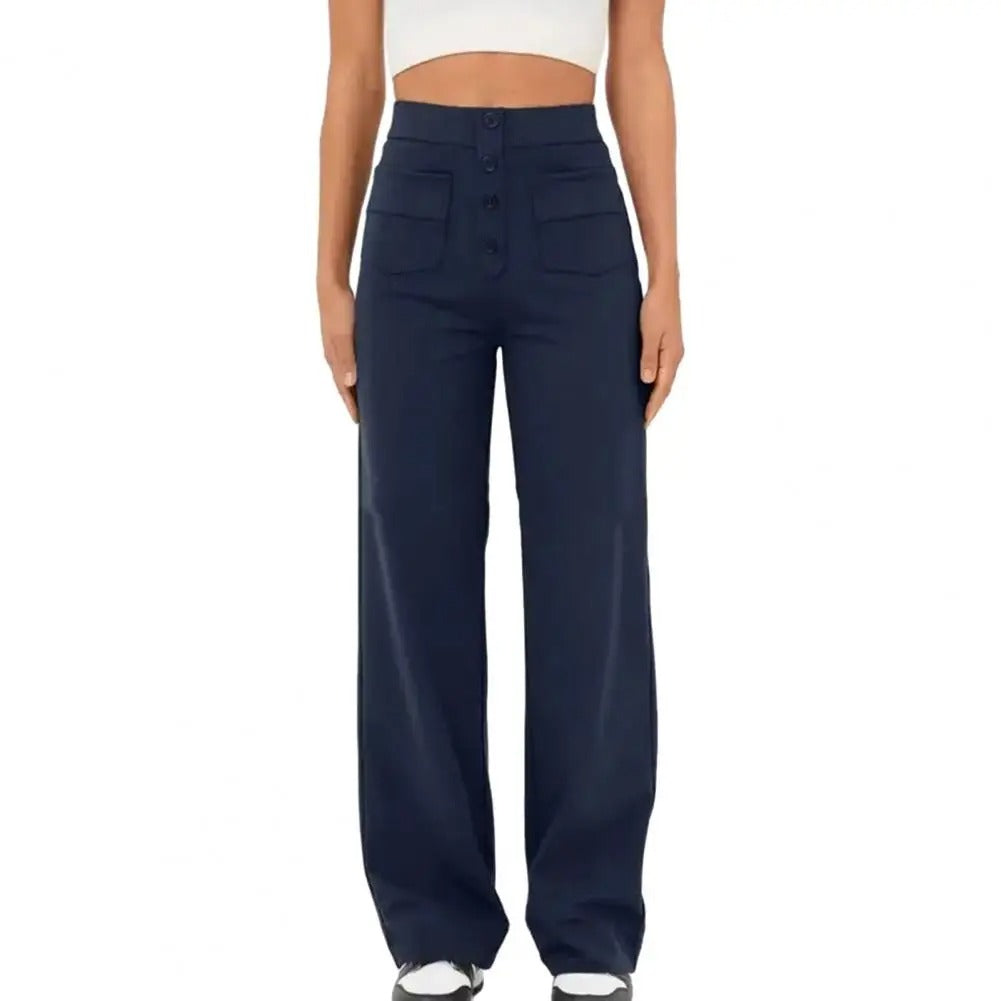Women's high-waisted stretch pants with elastic waistband, full mobility design and spacious pockets