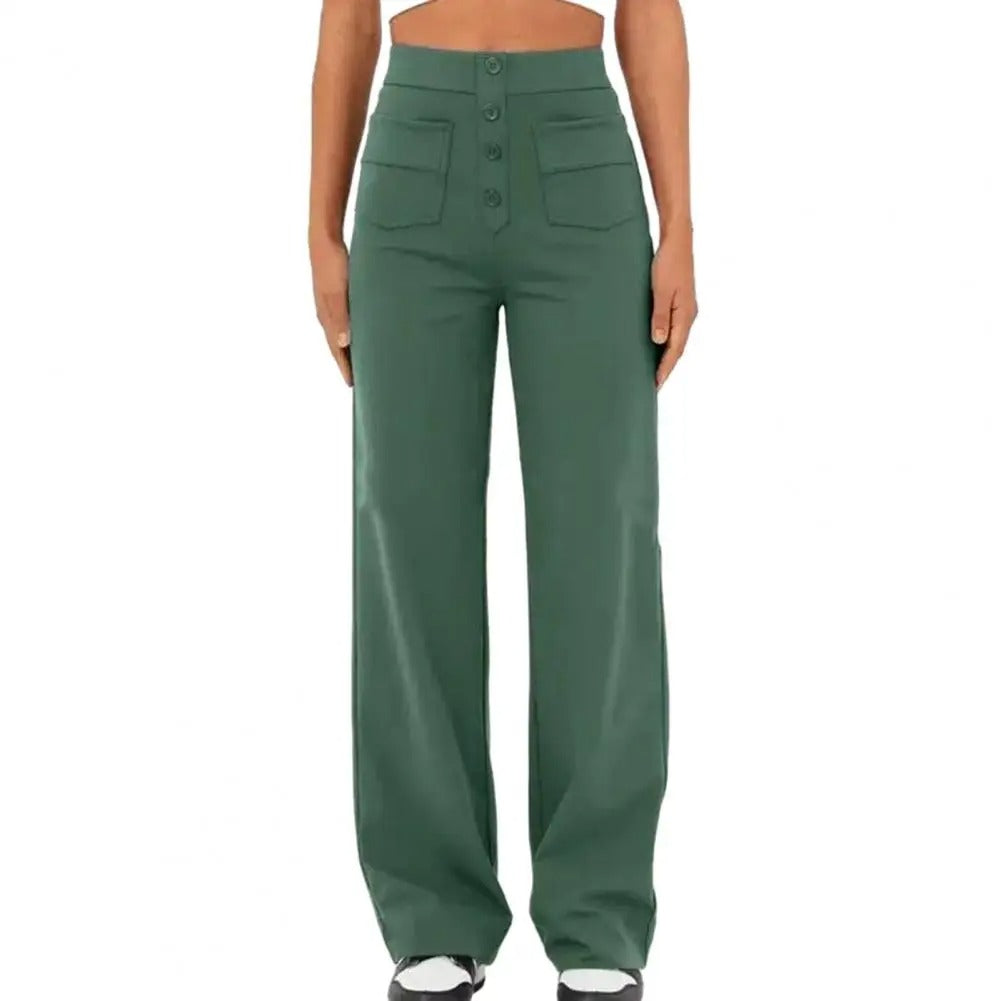Women's high-waisted stretch pants with elastic waistband, full mobility design and spacious pockets