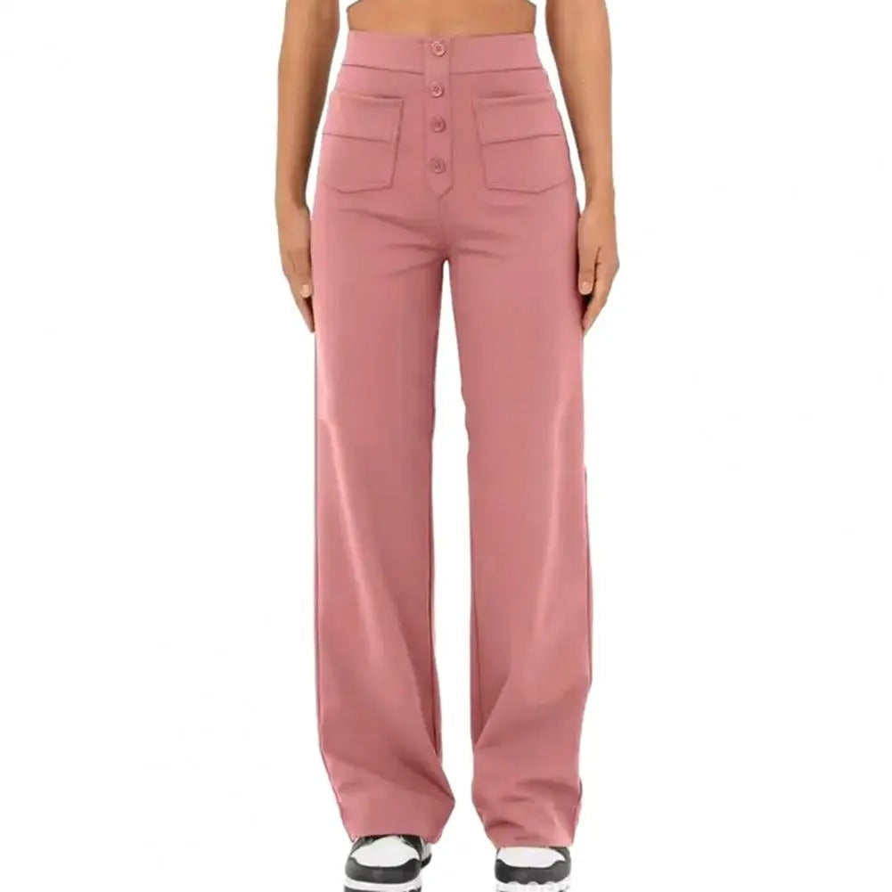 Women's high-waisted stretch pants with elastic waistband, full mobility design and spacious pockets