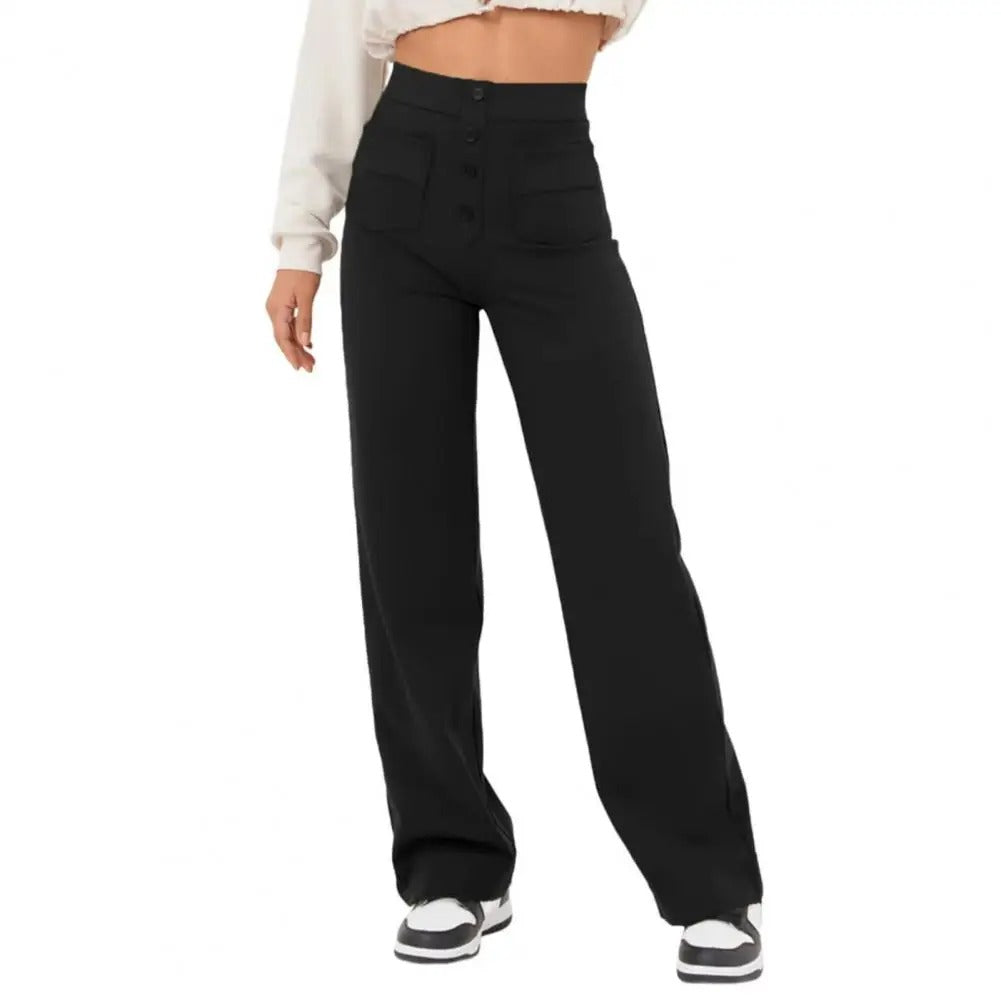Women's high-waisted stretch pants with elastic waistband, full mobility, and spacious pockets