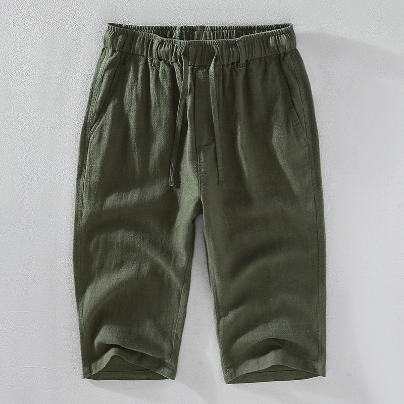 Women's beige linen-cotton blend relaxed knee-length shorts with adjustable drawstring waist