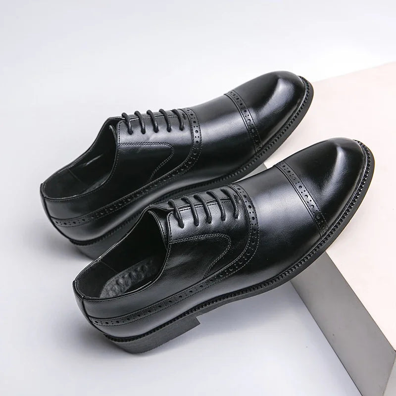 Black Oxford dress shoes cap-toe brogue detailing polished leather finish professional modern comfort