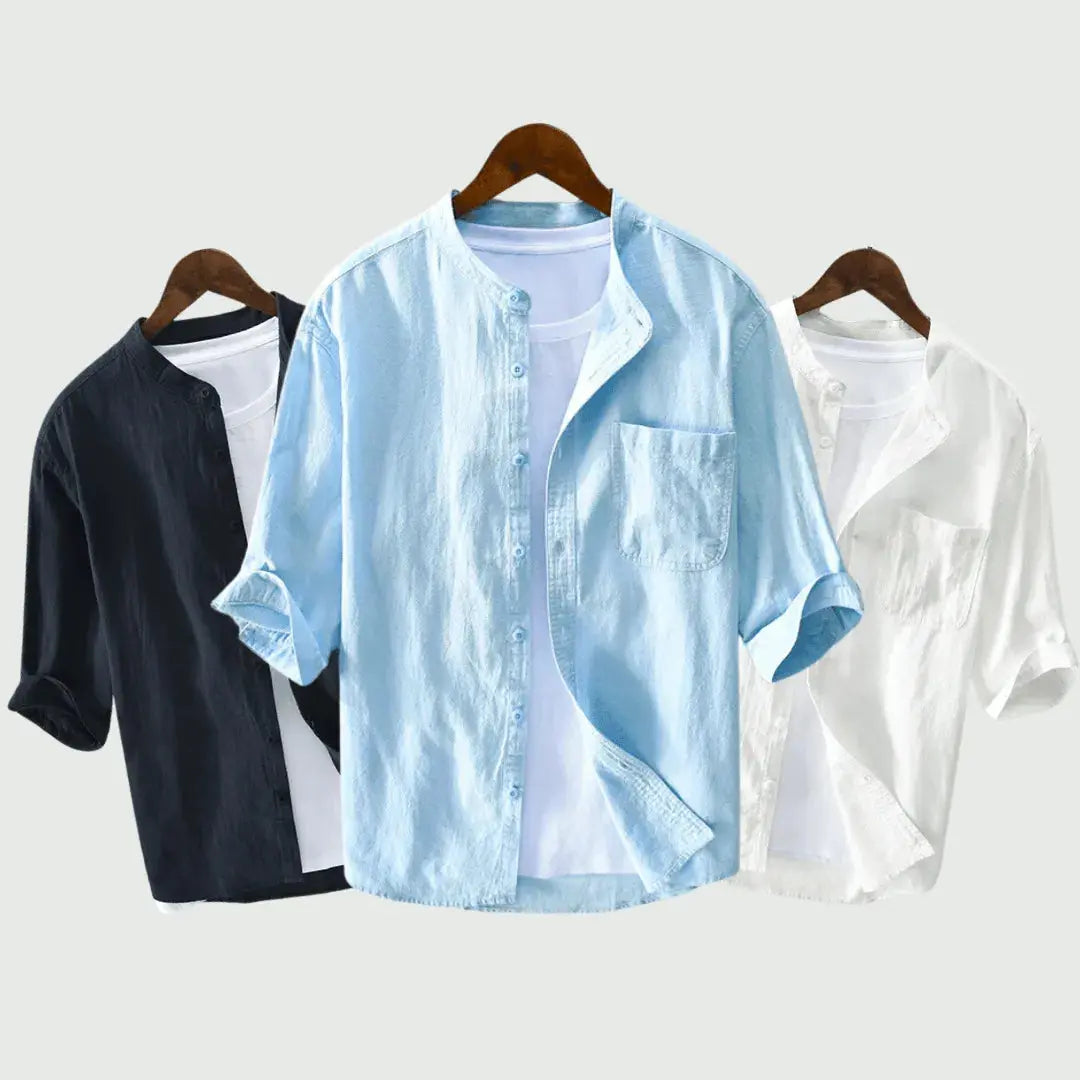 Men's white premium linen shirt relaxed fit with breathable rumpled texture for travel