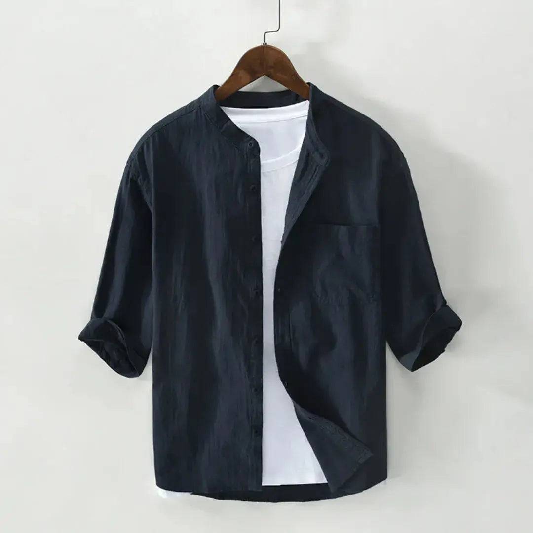 Men's white relaxed-fit premium linen shirt with breathable rumpled texture for travel