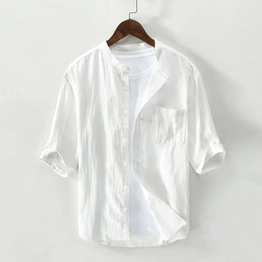 Men's white premium linen shirt relaxed fit breathable rumpled texture adventure travel style