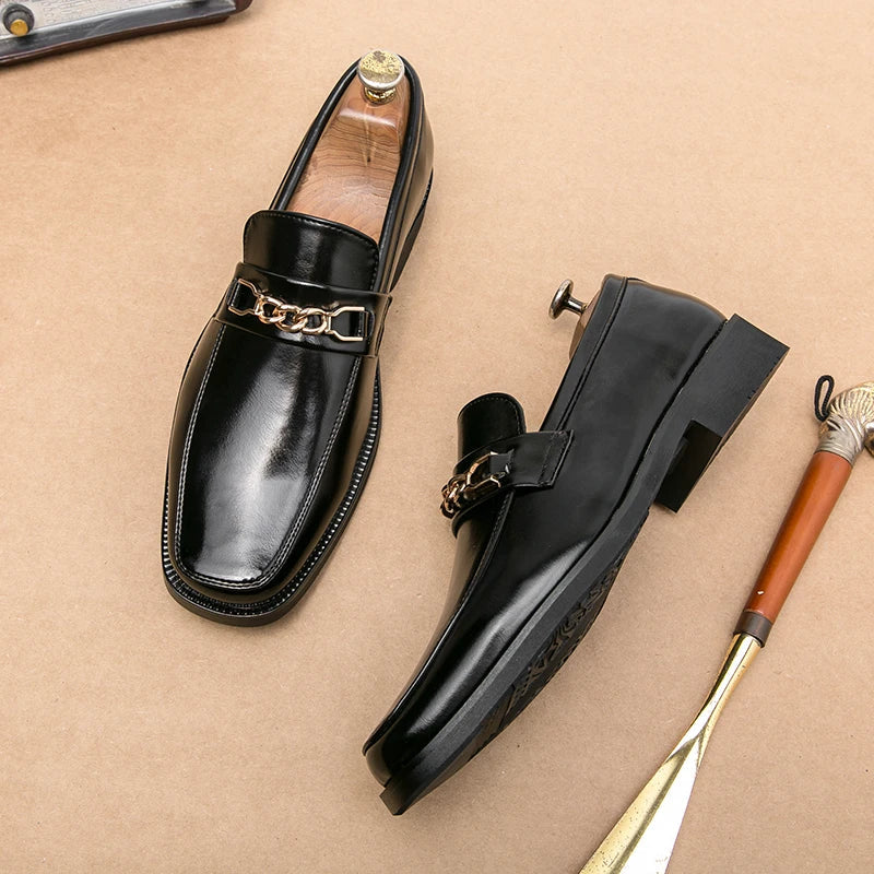 Men's black full-grain leather loafers sleek silhouette with gold chain accent cushioned insole