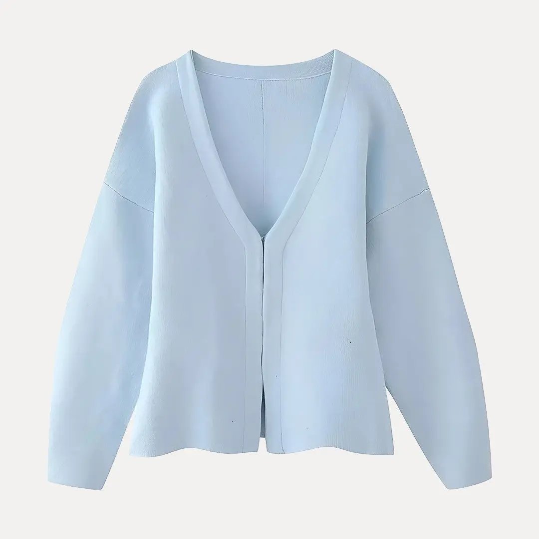 Marceline women's beige lightweight knit cardigan with V-neck and front hook closures