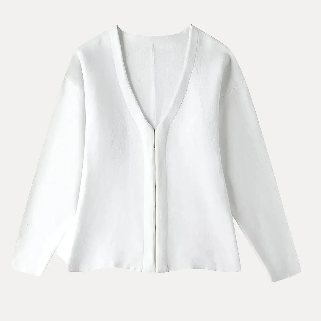 Marceline women's beige lightweight knit cardigan with V-neck silhouette and front hook closures