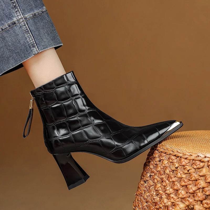 Black crocodile-embossed genuine leather boots with hand-finished texture, sleek office-ready silhouette