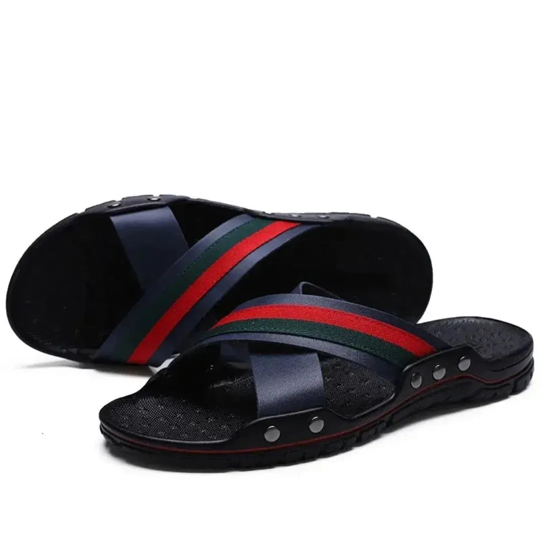 Men's Marcellus cross strap slides two-tone design ergonomic sole breathable footbed casual luxury
