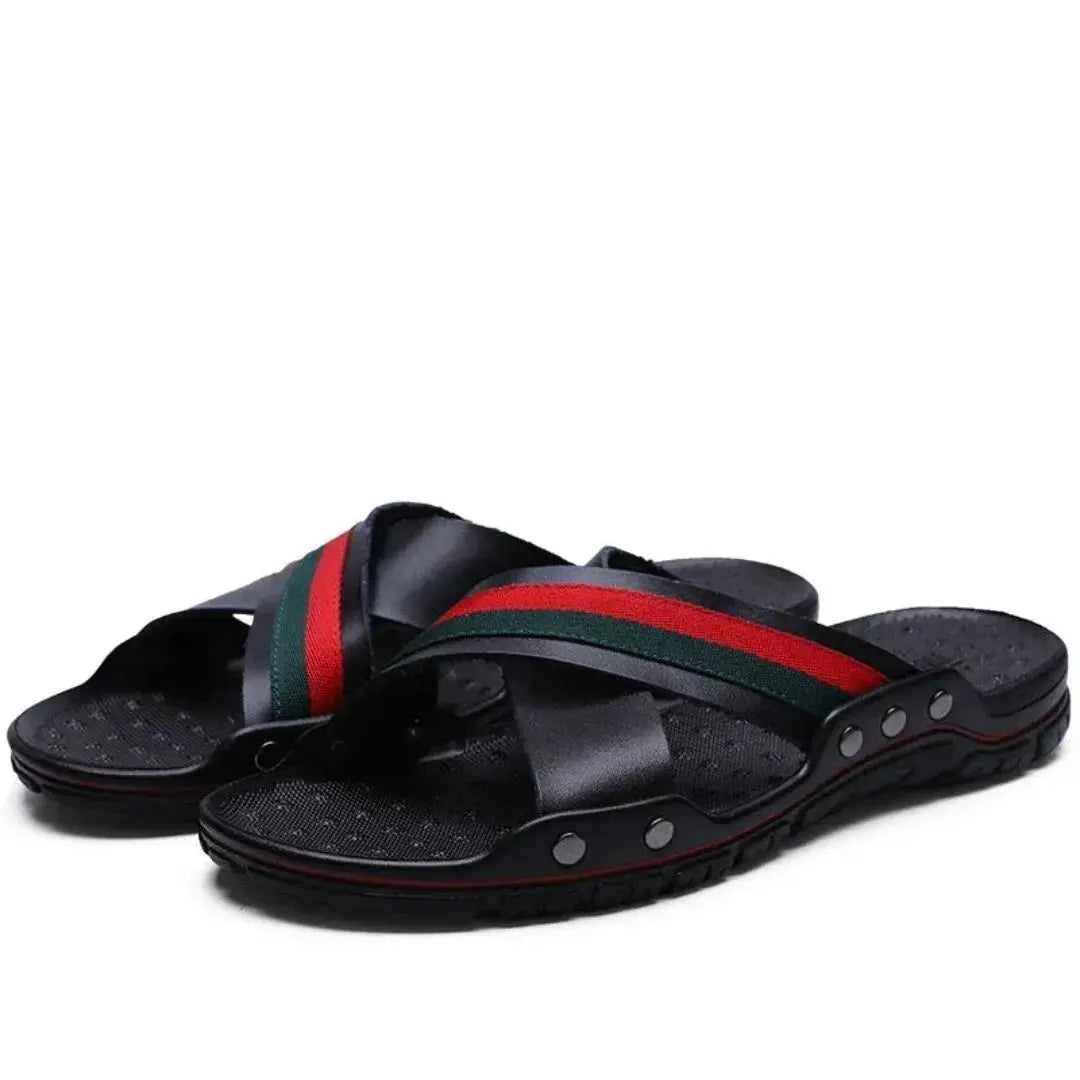Men's Marcellus cross strap slides with two-tone straps, ergonomic sole, and breathable footbed