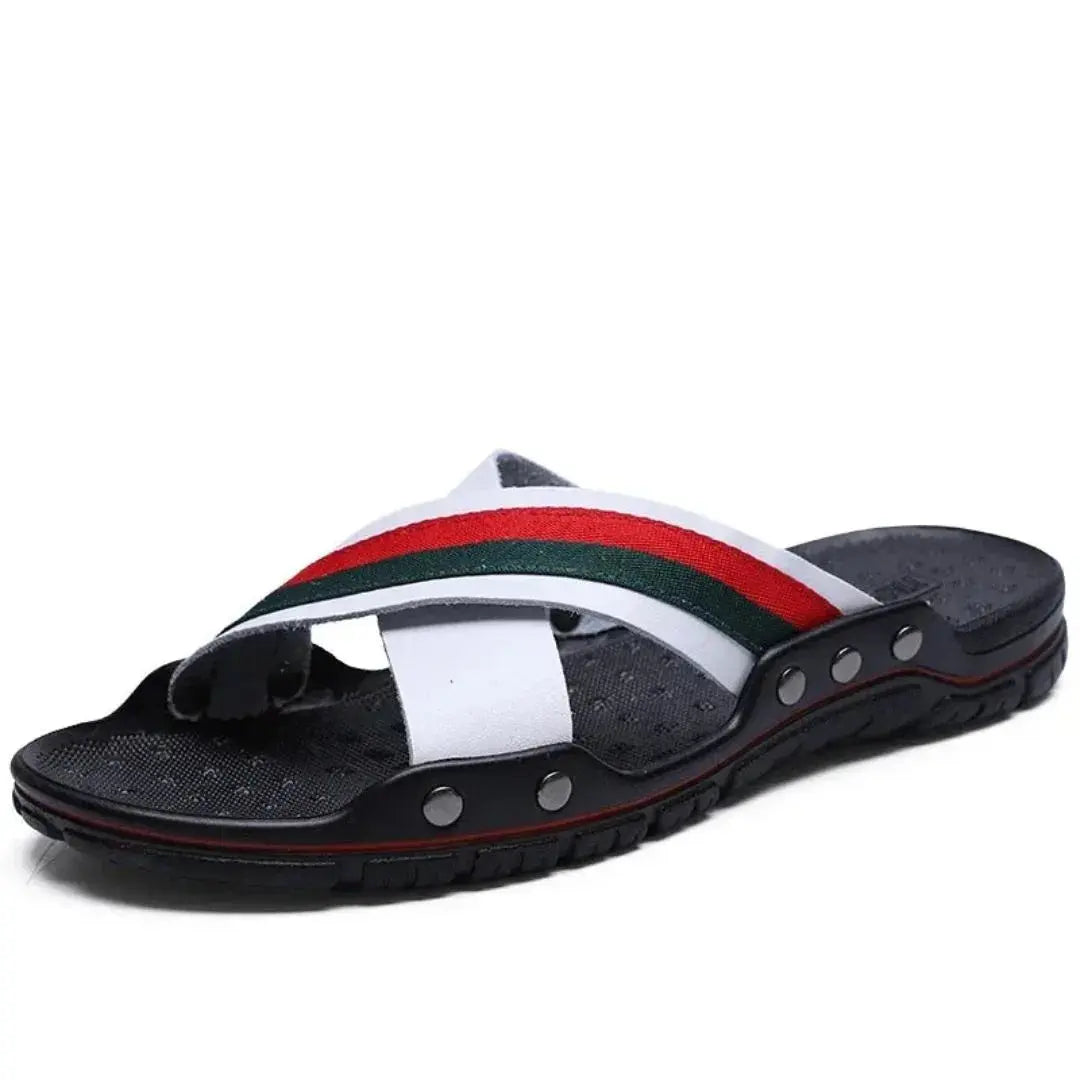 Men's Marcellus cross strap slides with two-tone straps, ergonomic sole, and breathable footbed