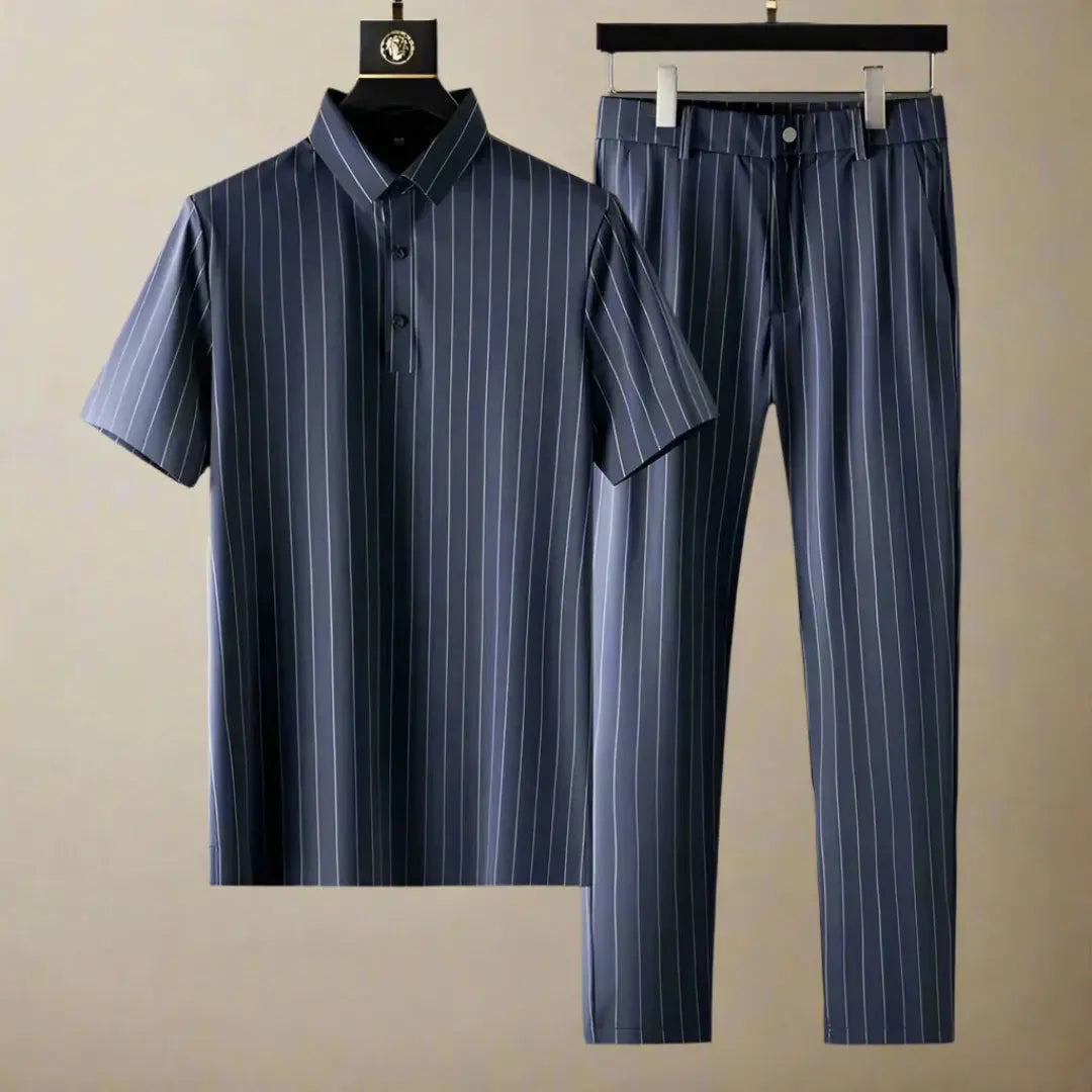 Men's navy pinstripe polo shirt and slim fit pants matching set with tapered silhouette