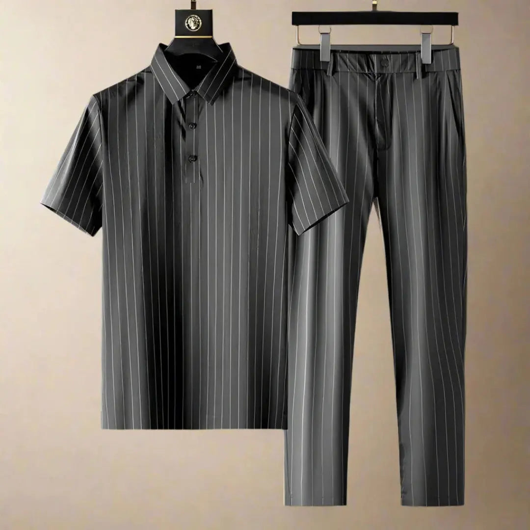 Men's navy pinstripe polo shirt and slim fit pants set, breathable cotton-poly two-piece outfit