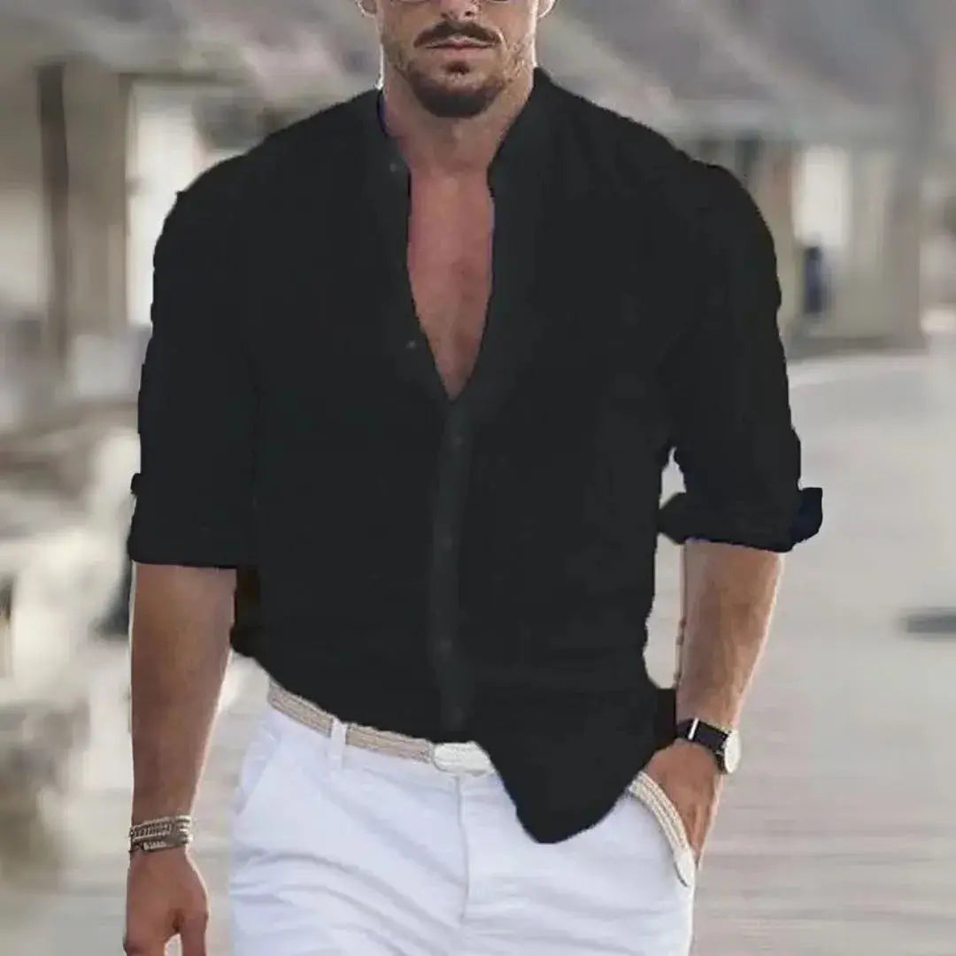 Men's beige linen-blend button-up shirt with mandarin collar and casual rolled sleeves