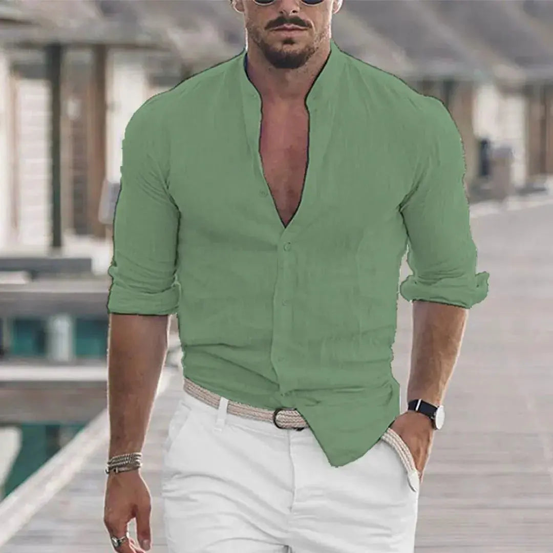Men's beige linen-blend button-up shirt with mandarin collar and rolled sleeves for relaxed fit