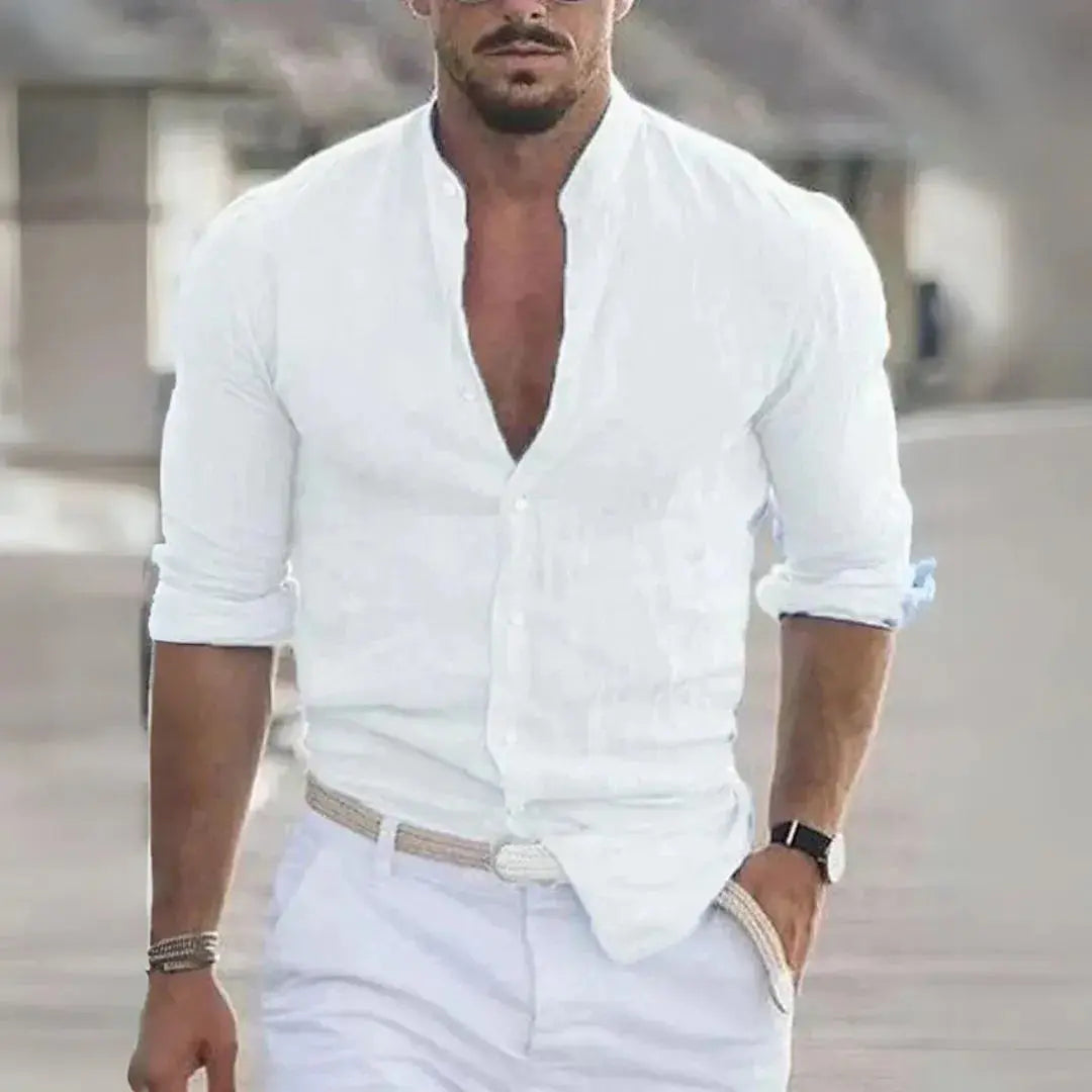 Men's white linen-blend button-up shirt with mandarin collar and rolled sleeves for casual wear