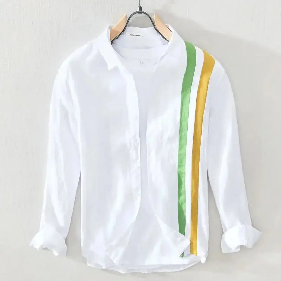 Men's white linen long sleeve shirt with bold double chest stripe, lightweight vacation style