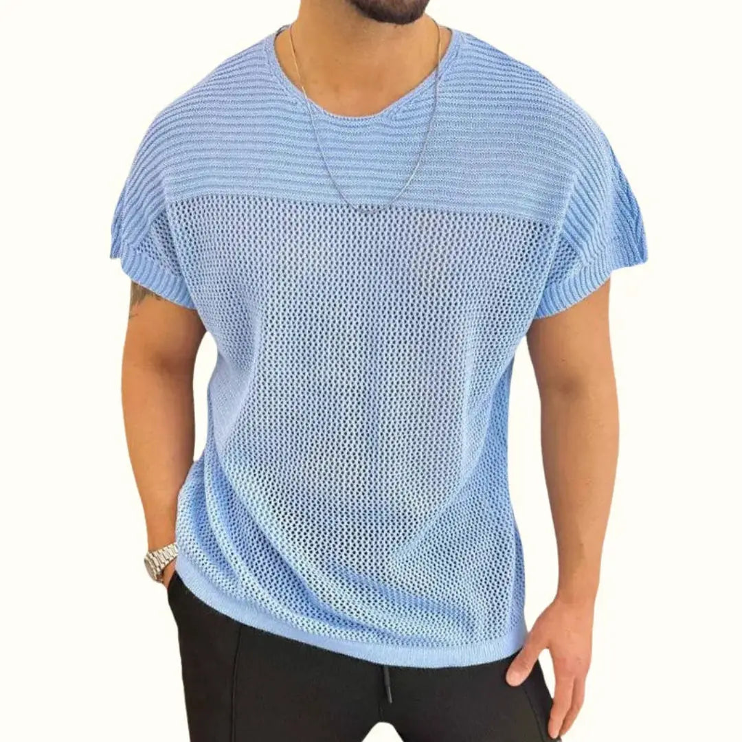 Men's white knit mesh short sleeve tee with ribbed upper panel, lightweight breathable design