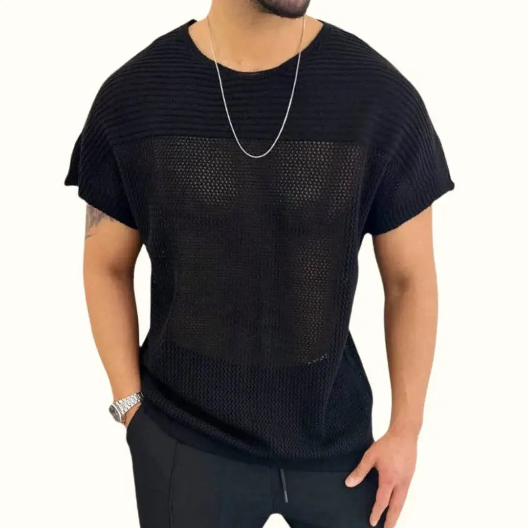 Men's black knit mesh short sleeve tee with ribbed upper panel contrast texture