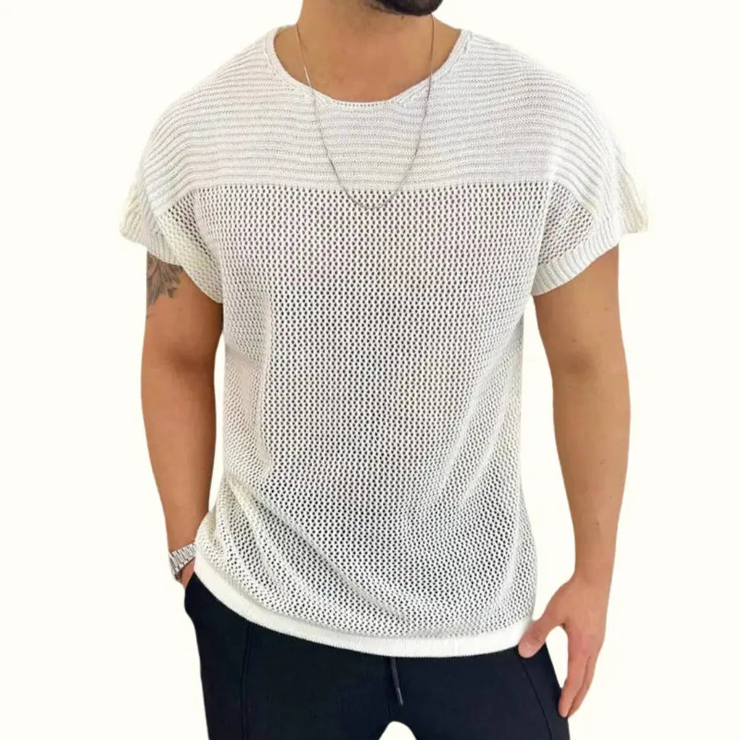 Men's black mesh short sleeve tee with ribbed upper panel contrast texture lightweight knit