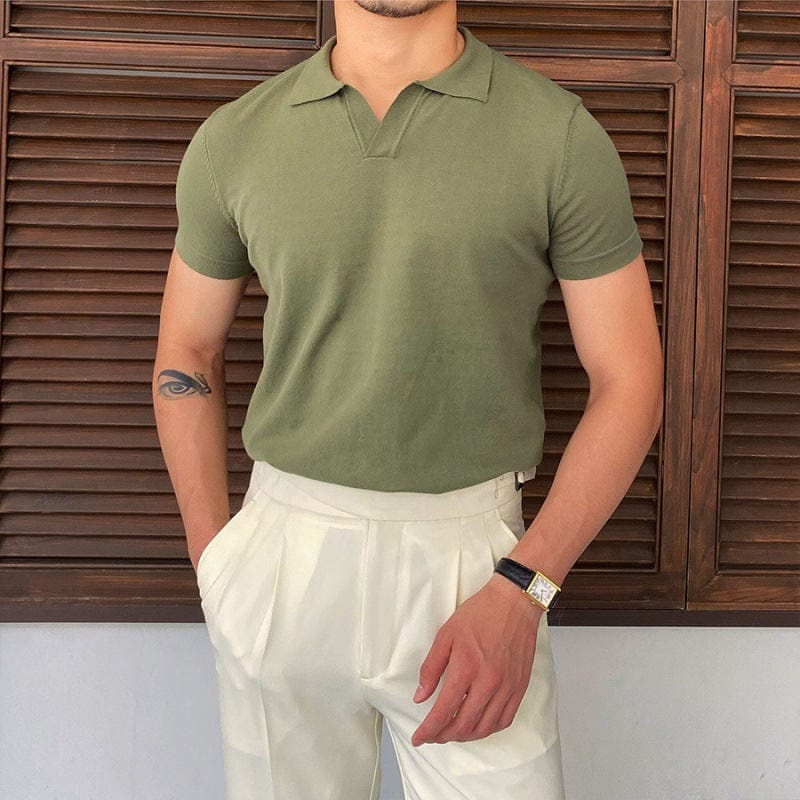 Men's black knit polo open collar tailored silhouette breathable stretch minimalist smart-casual