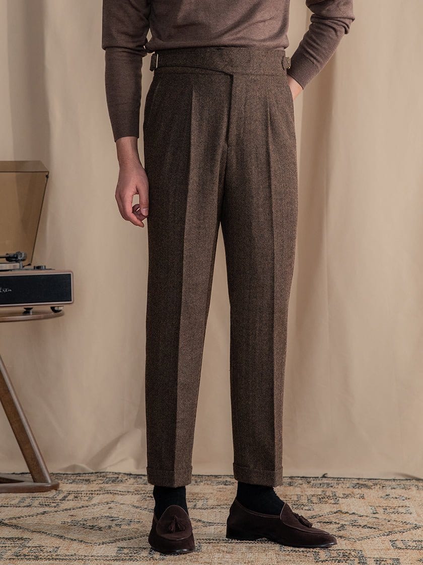 Men's brown alpine wool pleated trousers tailored high-waist fit with heritage-inspired silhouette