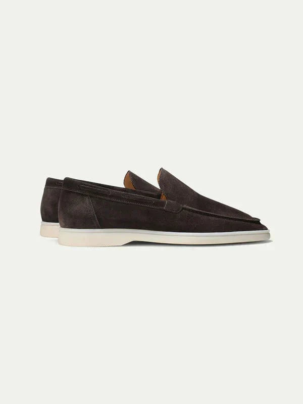 Dark brown suede slip-on loafers for men, sleek silhouette with handcrafted premium construction