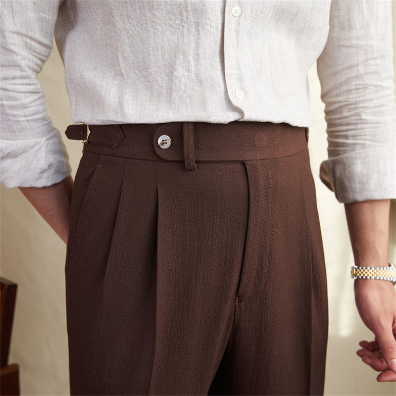 Men's dark brown slim fit tailored pleated dress trousers with timeless office style