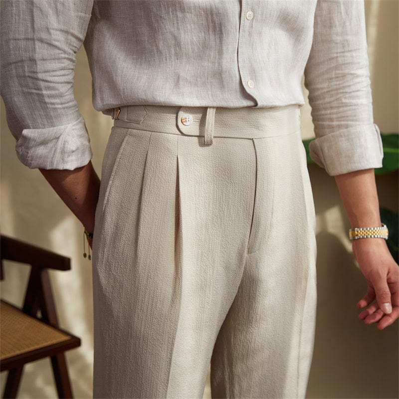 Beige slim fit tailored pleated dress trousers for men with all-day comfort versatile style