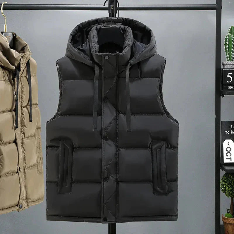 Men's lightweight quilted puffer vest with adjustable hood, sleek modern silhouette for cold weather layering