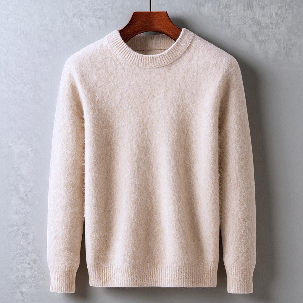Men's ivory cashmere crewneck sweater, tailored Italian knit, ultra-soft Mongolian cashmere clean silhouette