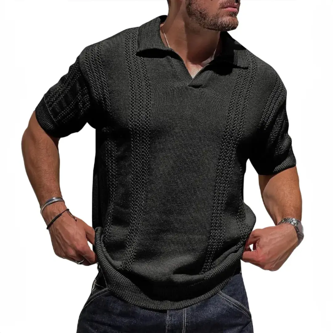 Men's beige textured knit polo shirt vintage open collar breathable organic cotton slim fit