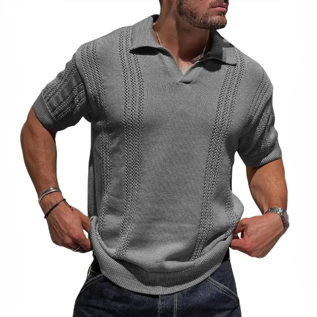 Men's vintage open collar knit polo in textured Milanese ribbing, breathable organic cotton casual fit