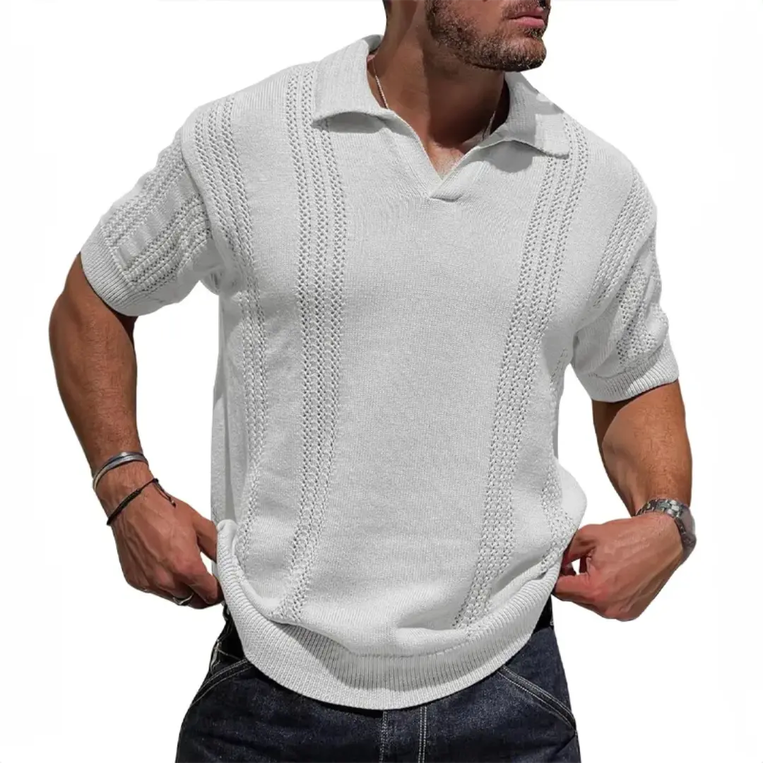 Men's vintage open collar knit polo breathable organic cotton vertical textured ribbing casual style