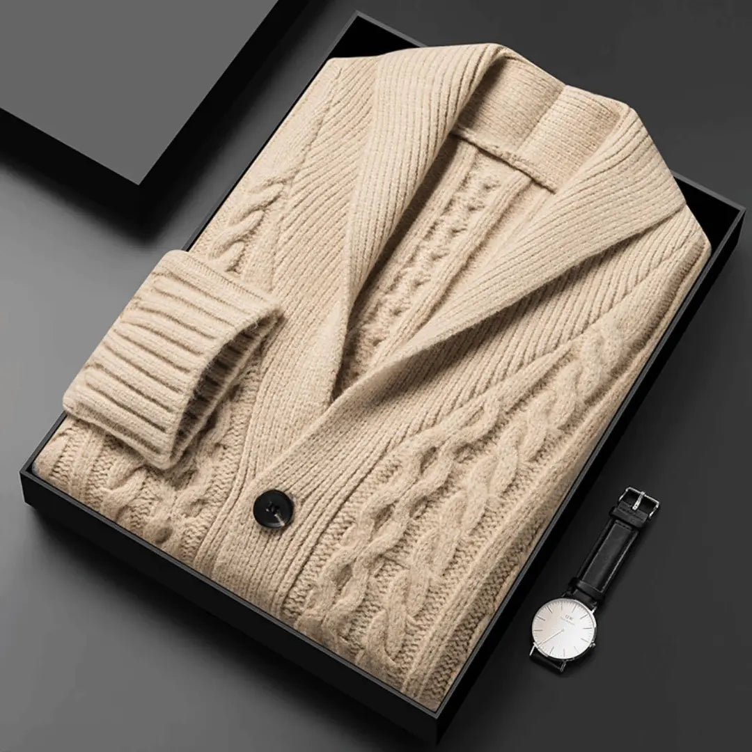Men's navy jacquard knit cardigan with shawl collar, luxurious brushed texture and relaxed fit