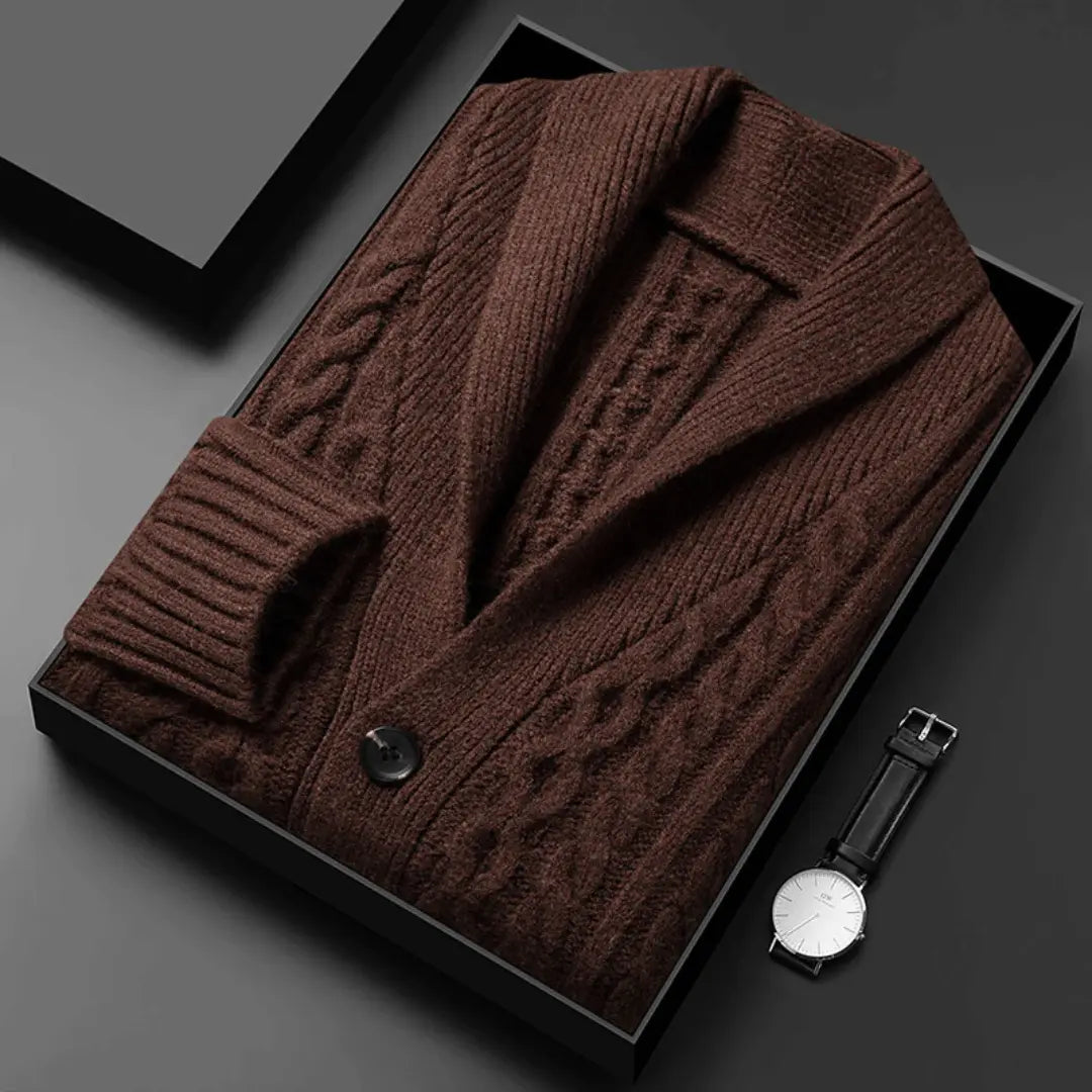 Men's brown jacquard knit cardigan luxurious brushed shawl collar relaxed fit textured knitwear