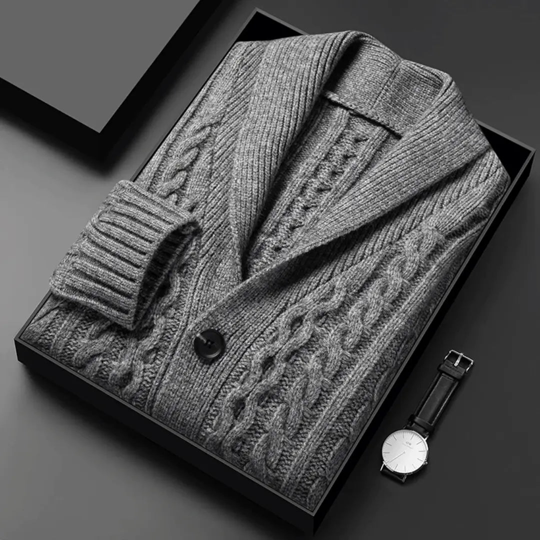 Men's navy jacquard knit cardigan with luxurious brushed texture and elegant shawl collar