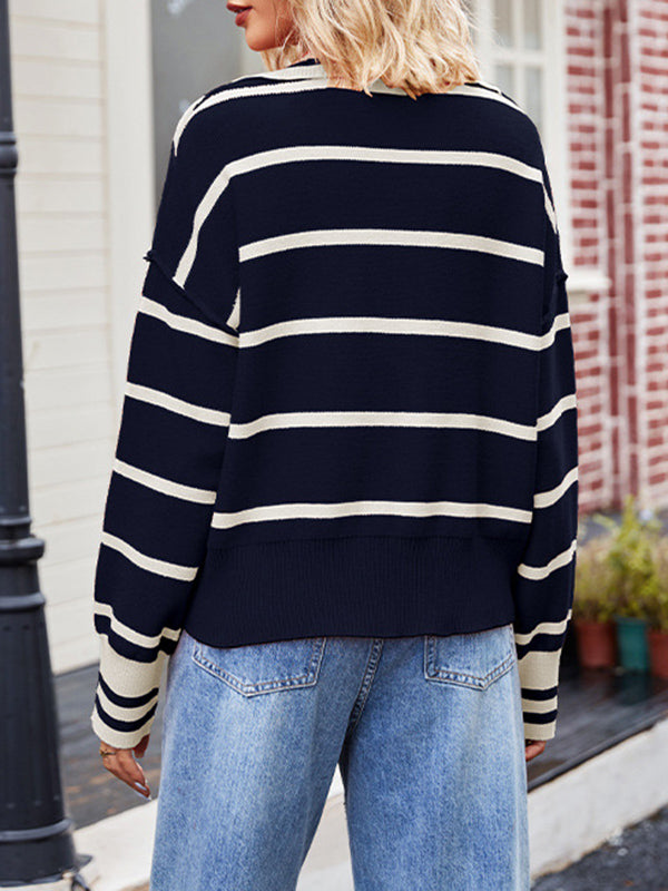 Marelli women's cotton striped sweater with notched collar, elegant modern fit