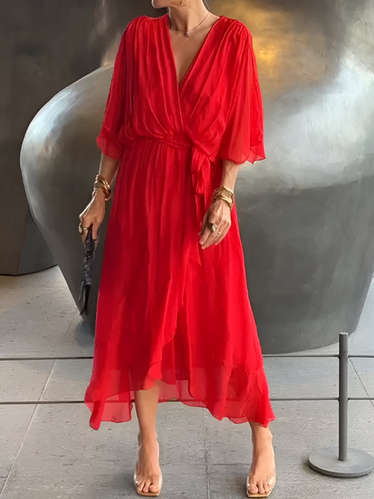 Gabriella flowy midi dress deep-V neckline belted waist elegant day-to-night silhouette