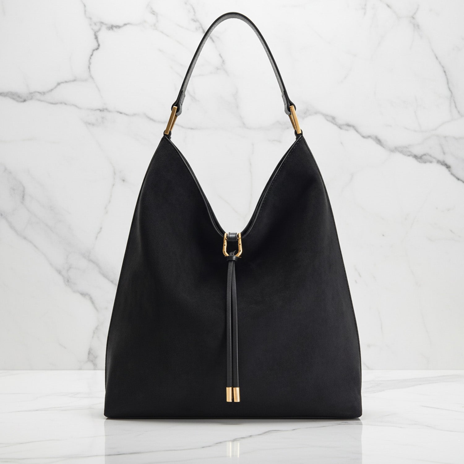 Women's slouchy hobo bag with drawstring closure, gold-tone hardware, elegant everyday accessory