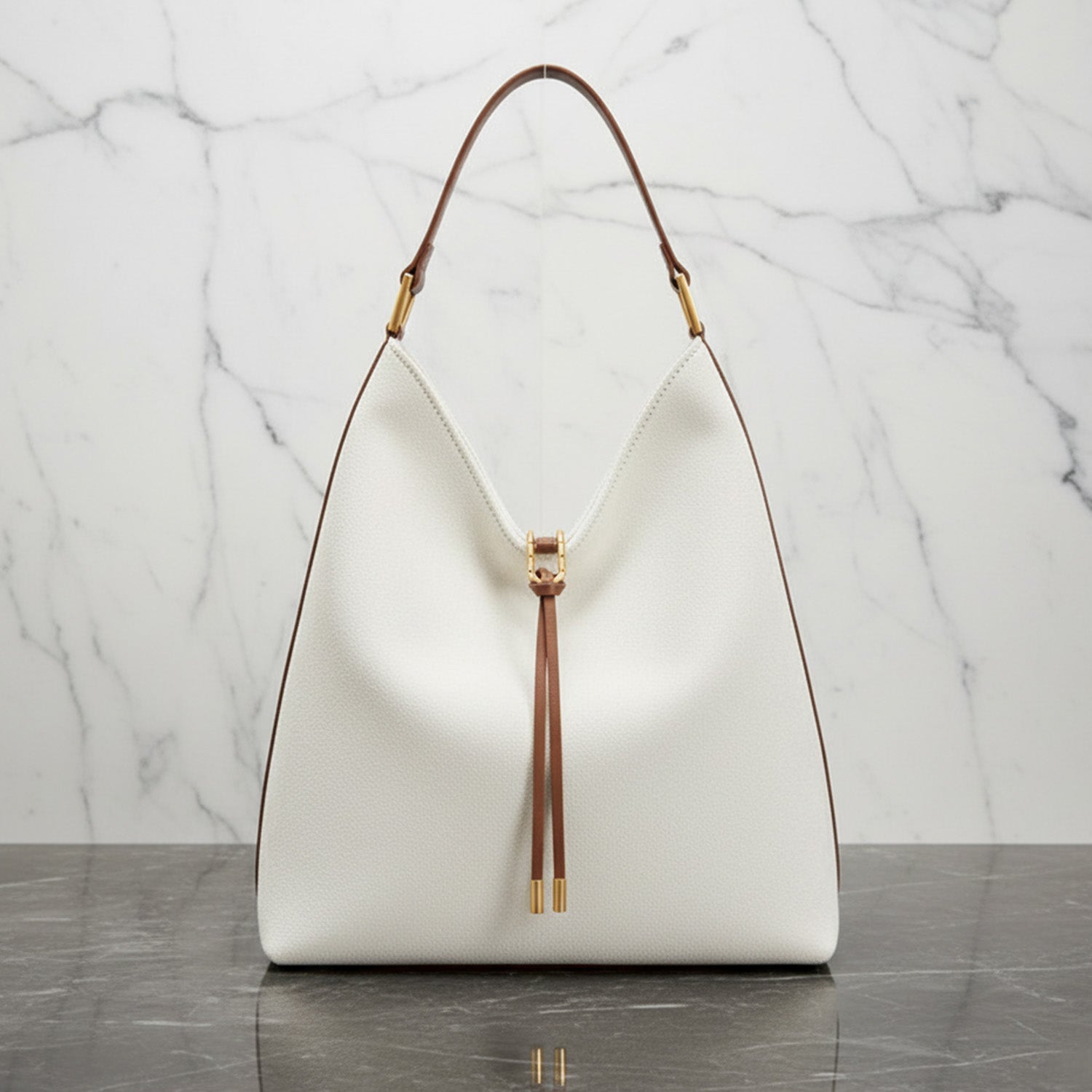 Women's slouchy hobo bag with drawstring closure, gold-tone hardware, relaxed silhouette everyday accessory