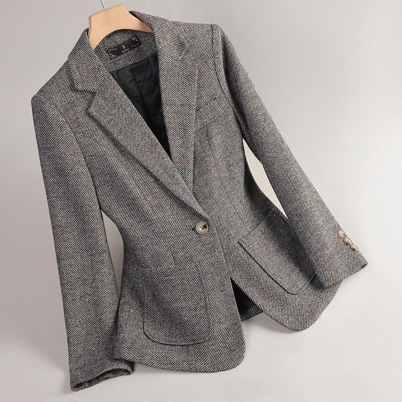 Abrienne wool blend tweed blazer, single-button notched lapel, speckled texture, polished professional style