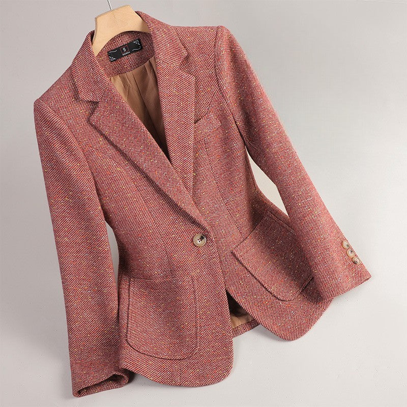 Abrienne wool blend tweed blazer, speckled single-button notched lapel, polished professional style