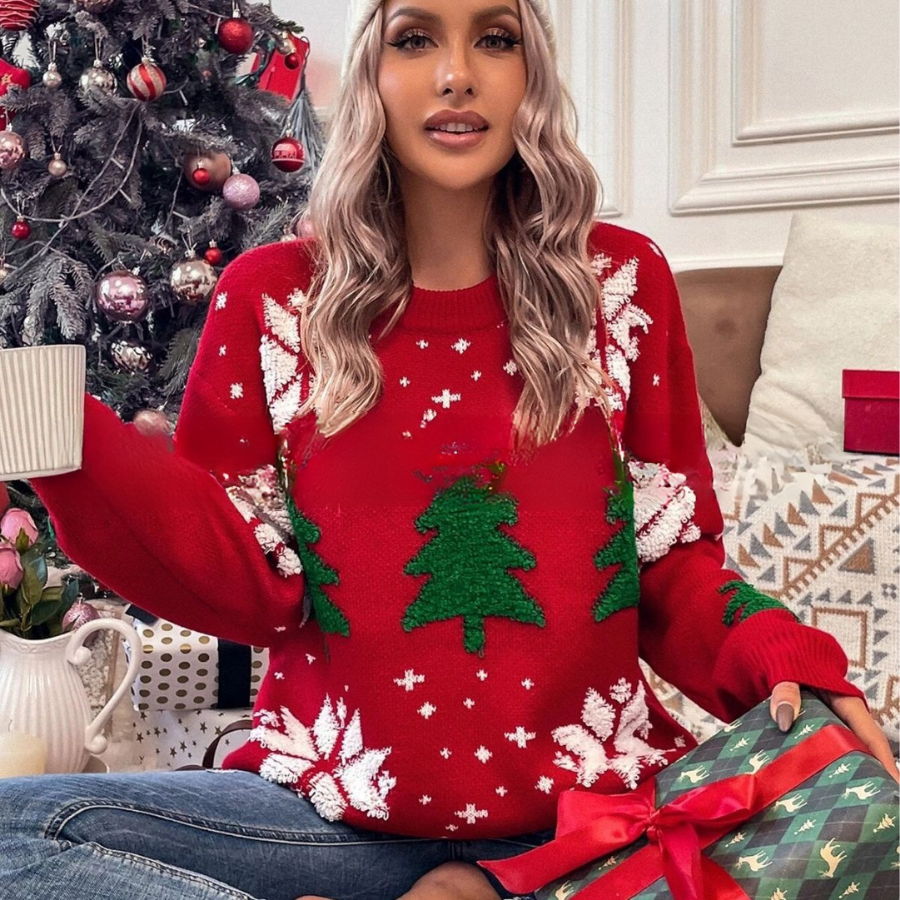 Women's loose fit knit sweatshirt round neck long sleeve snowflake tree design cozy winter wear