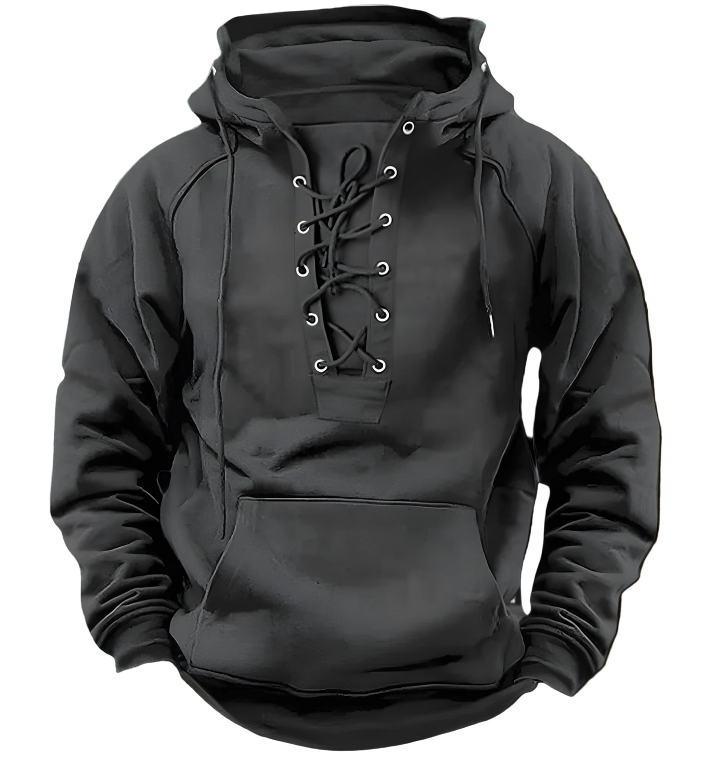 Men's relaxed-fit knit hoodie in neutral tone with distinctive lace-up front detail for street style layering