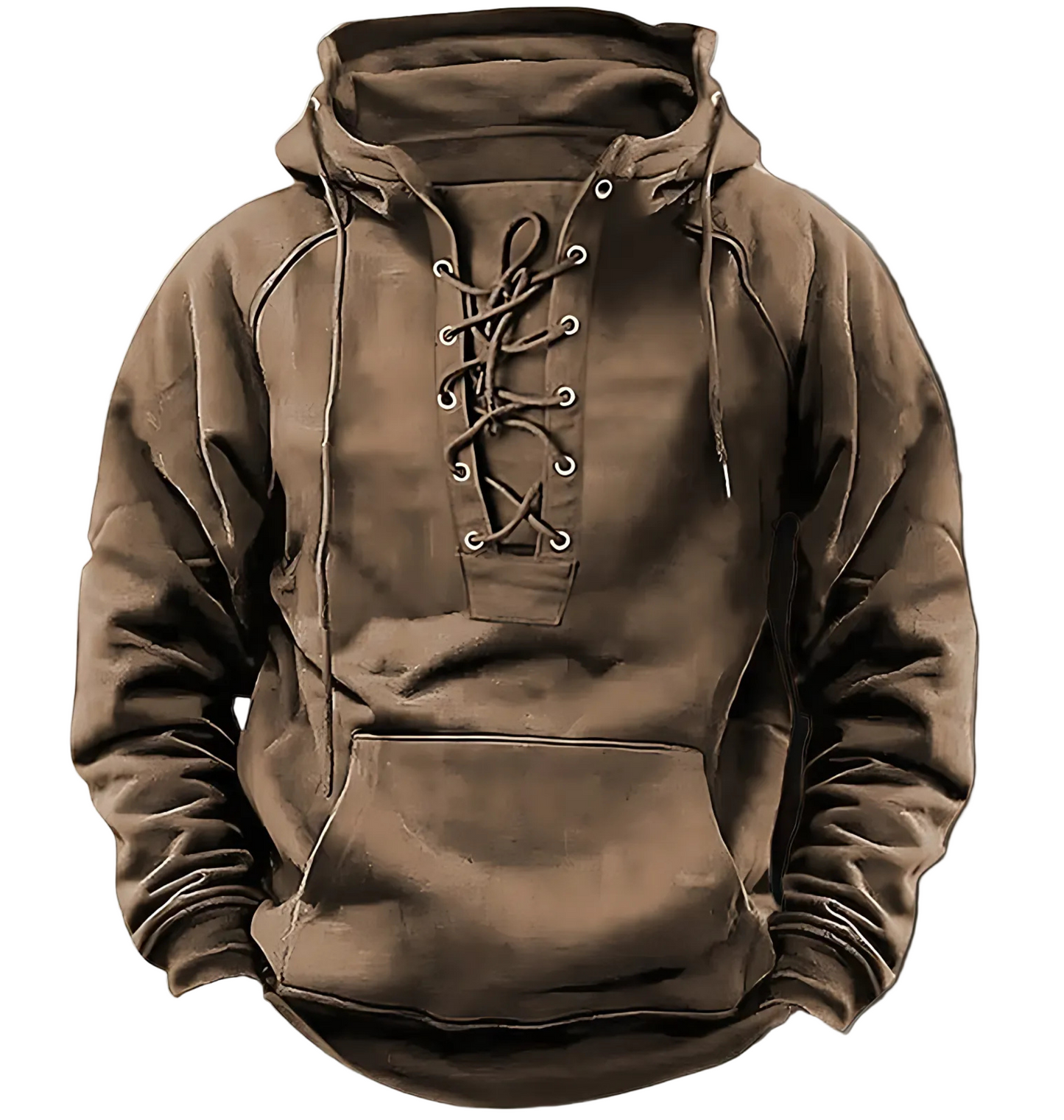 Men's relaxed-fit knit hoodie in neutral tone with distinctive lace-up front detail for street-ready style