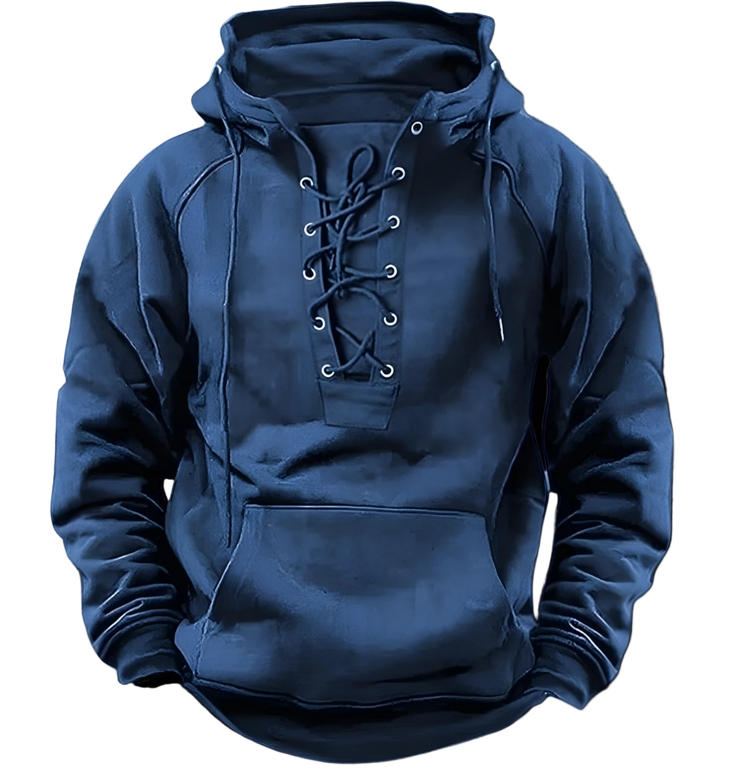 Men's relaxed-fit knit hoodie in neutral tone with lace-up front detail and metal eyelets for street style